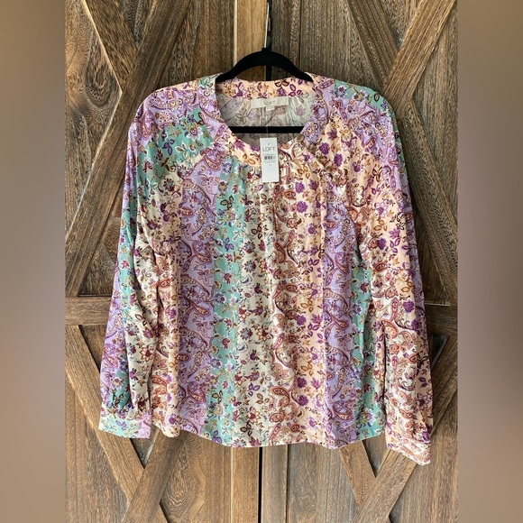 LOFT Tops - LOFT Size M Striped Pastels Floral Patterned Long Sleeve Button Blouse Top NWT